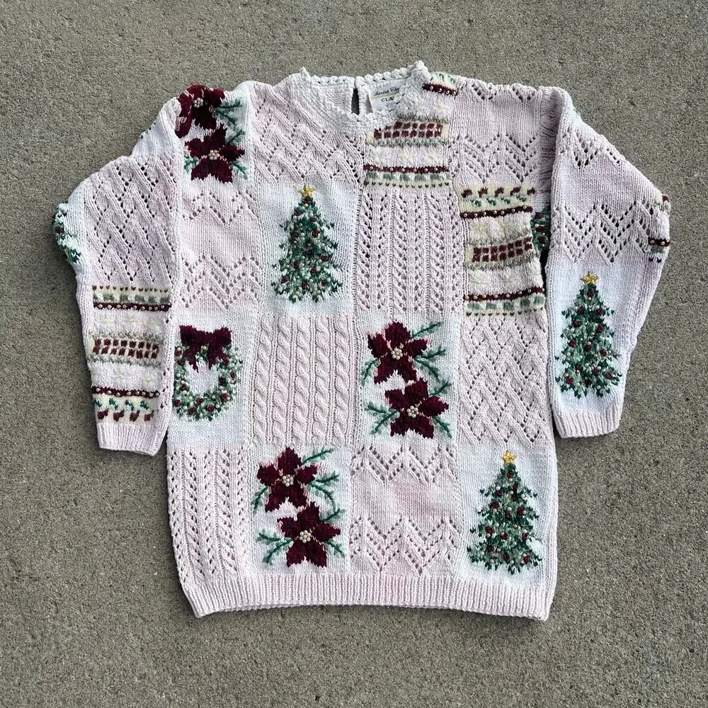 VTG 90s Hand Knit Christmas Sweater Grandmacore Cottagecore Marisa Christina S - Picture 1 of 8
